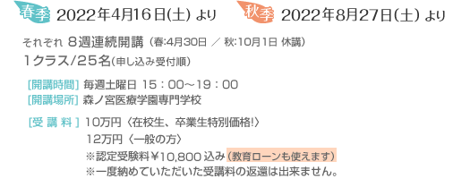 春季2012年4月21日(土)より 秋季2012年9月1日（土）より それぞれ 8週連続開講（春：5月5日 ／ 秋：9月22日･10月6日･11月3日休講）1クラス/25名（申し込み受付順）[開講時間] 毎週土曜日 15：00〜19：00　[開講場所] 森ノ宮医療学園専門学校[受講料] 10万円〈在校生、卒業生特別価格!〉12万円〈一般の方〉※認定受験料￥10,500込み（教育ローンも使えます）