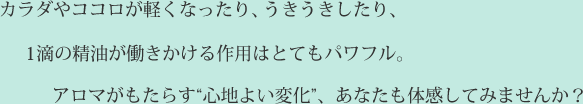 カラダやココロが軽くなったり、うきうきしたり、1滴の精油が働きかける作用はとてもパワフル。アロマがもたらす“心地よい変化”、あなたも体感してみませんか？